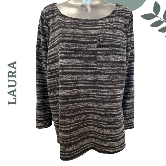Laura Plus Black & Grey Striped Long Sleeve Tunic | Zipper Pocket | Size 3X - Picture 1 of 6